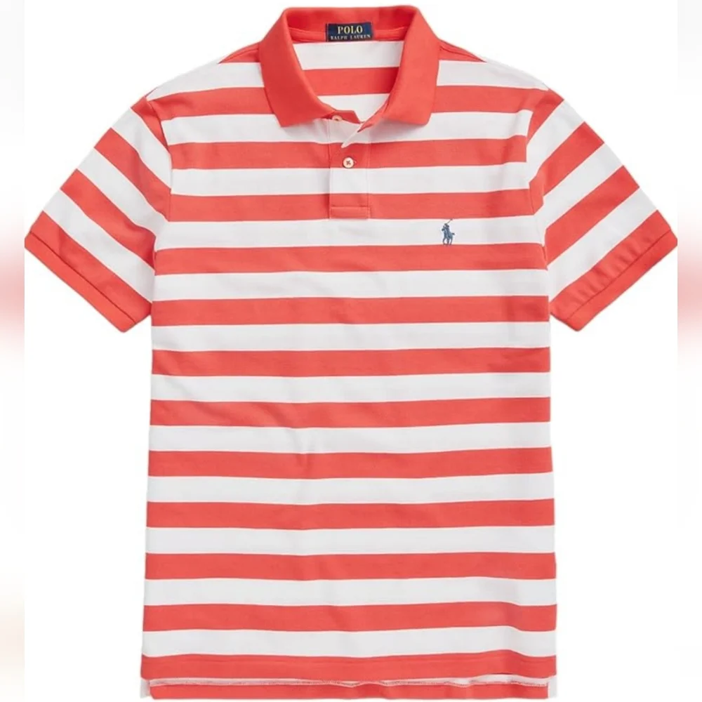 Polo Ralph Lauren Men Classic Fit Red & White Bold Striped Mesh Polo Shi…